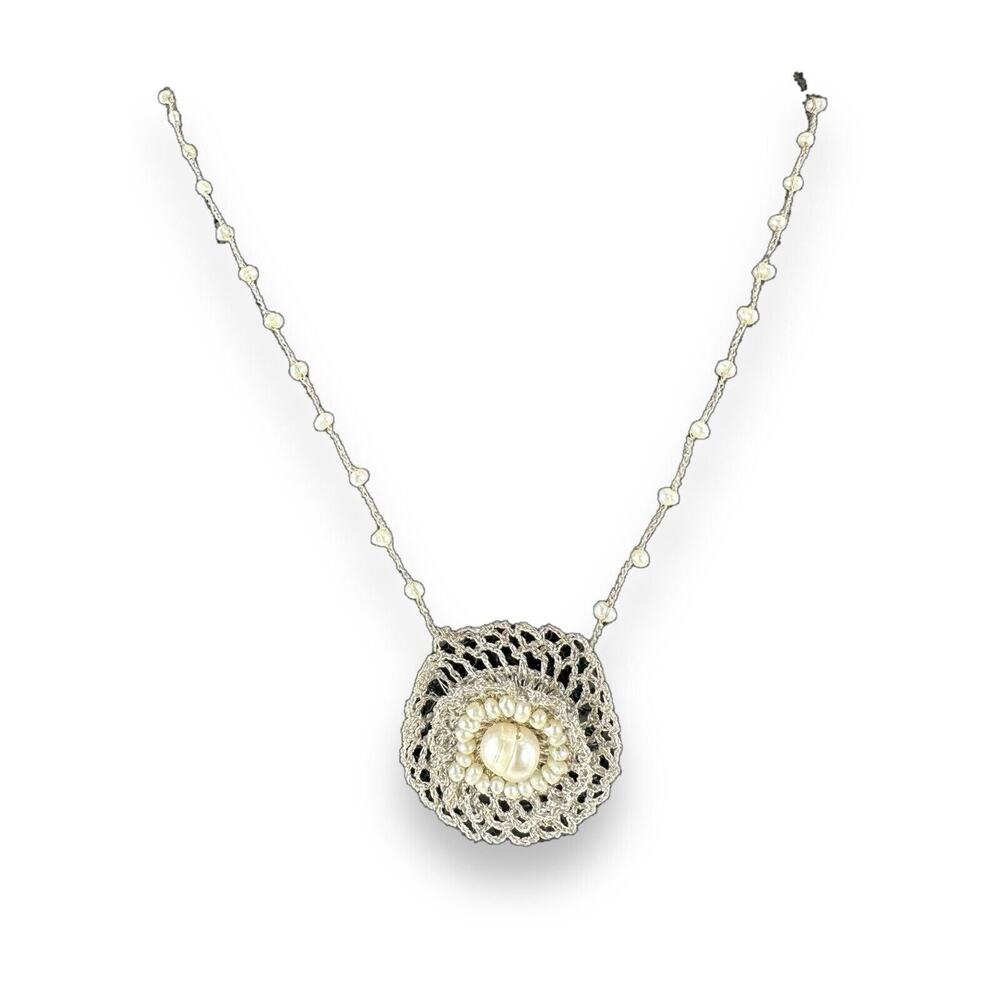 Vintage Handmade Silver Metallic Lace Knit Freshwater Cultured Pearls Necklace